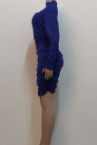 Azul Sexy Sólido Ahuecado Patchwork Doblez Medio cuello alto Falda de un paso Vestidos