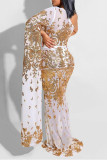 ゴールドのセクシーな刺繍スパンコール パッチワーク斜めカラー ドレス