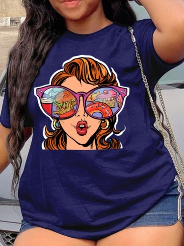 Navy Blue Sexy Vintage Print Patchwork O Neck T-Shirts