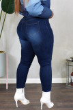 Mittelblaue, lässige Street-Print-Patchwork-Jeans mit hoher Taille