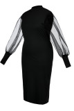 Black Fashion Casual Solid Patchwork Slit O Neck Long Sleeve Plus Size Dress