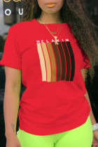 Camisetas con cuello en O de patchwork con estampado de base de moda rojo