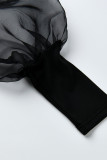 Robe noire à manches longues et col rond, décontractée, couleur unie, Patchwork, fente, grande taille