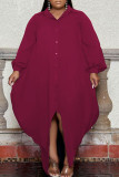 Bordeauxrode casual effen patchwork gesp kraag onregelmatige jurk grote maten jurken