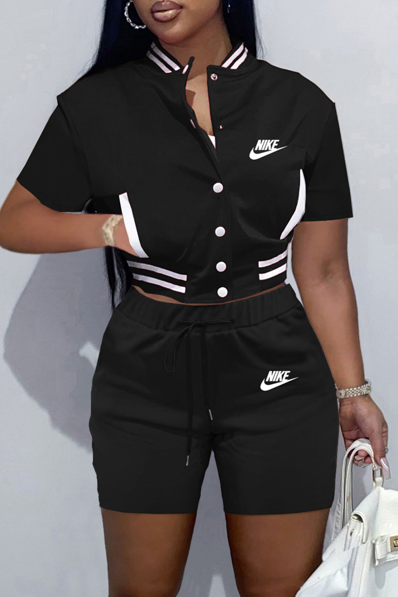Black Fashion Sportswear Print Split Joint Mandarin Collar Short Sleeve Two Pieces