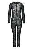 Zwarte mode sexy effen doorschijnende skinny jumpsuits met O-hals
