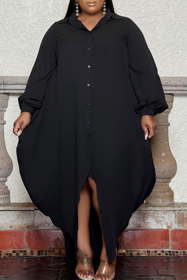 Schwarzes, lässiges, solides Patchwork-Schnalle-Umlegekragen-unregelmäßiges Kleid in Übergröße