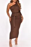 アーミーグリーン ファッション カジュアル ソリッド ベルト付き 非対称 斜め襟 長袖 ドレス