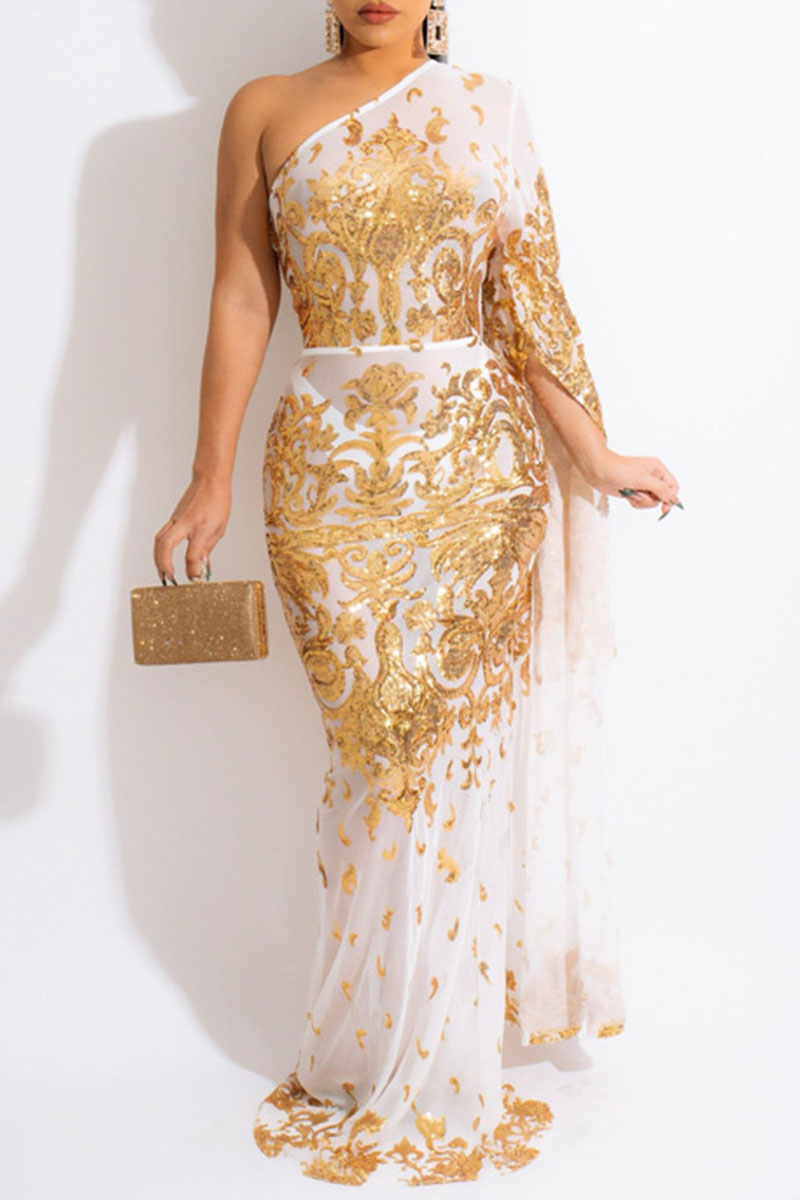 

Gold Sexy Embroidered Sequins Split Joint Oblique Collar Dresses