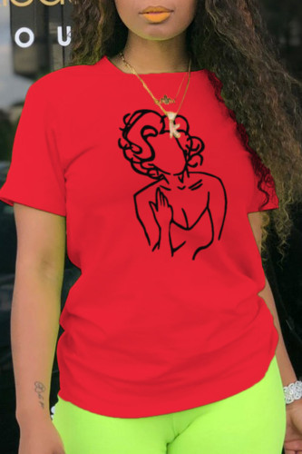 Red Fashion Daily Print Patchwork O Neck T-Shirts