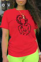 Camisetas con cuello en O de patchwork con estampado diario de moda rojo