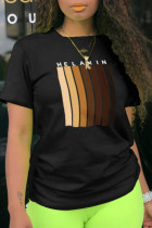 Camisetas con cuello en O de patchwork con estampado de base de moda negro