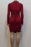Burgundy Sexy Solid Hollowed Out Patchwork Fold Half A Turtleneck One Step Skirt Dresses