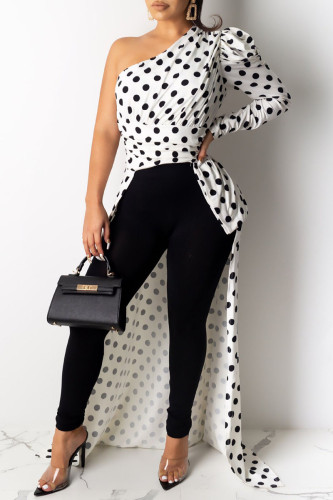 White Sexy Print Leopard Patchwork Fold Asymmetrical Oblique Collar Dresses
