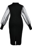 ブラック ファッション カジュアル ソリッド パッチワーク スリット O ネック長袖プラス サイズ ドレス