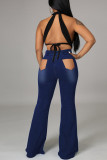 Baby Blue Sexy Street Solid Ripped Patchwork High Waist Denim Jeans