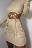 Khaki Sexy Solid Patchwork Turtleneck Long Sleeve Two Pieces