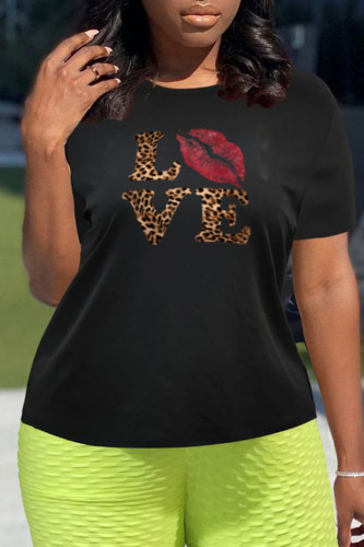 Black Fashion Street Lips Printed Patchwork O Neck T-Shirts