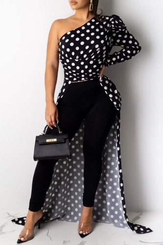 Black Sexy Print Leopard Patchwork Fold Asymmetrical Oblique Collar Dresses