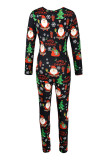 Macacão skinny preto sexy para festa com estampa de patchwork Papai Noel com decote em V