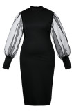ブラック ファッション カジュアル ソリッド パッチワーク スリット O ネック長袖プラス サイズ ドレス