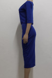 ブルー カジュアル ソリッド パッチワーク オフショルダー ワン ステップ スカート ドレス