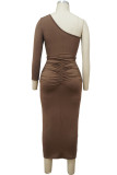 Coffee Fashion Casual Solid With Belt Asymmetrical Oblique Collar Long Sleeve Dresses