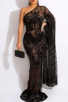 Schwarze sexy bestickte Pailletten-Patchwork-Kleider mit schrägem Kragen