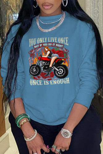 Blue Work Street Print Patchwork O Neck Tops
