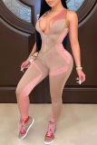Lila sexy Farbblock-Patchwork-Reißverschluss-Kragen-Skinny-Jumpsuits
