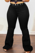 Black Casual Solid Rivets Split Joint High Waist Boot Cut Denim Jeans