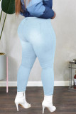 Mittelblaue, lässige Street-Print-Patchwork-Jeans mit hoher Taille