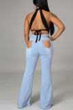 Babyblå Sexig Street Solid Ripped Patchwork Jeans med hög midja