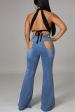 Baby Blue Sexy Street Solid Ripped Patchwork High Waist Denim Jeans