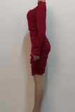 Burgundy Sexy Solid Hollowed Out Patchwork Fold Half A Turtleneck One Step Skirt Dresses