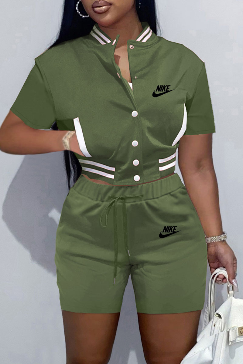

Army Green Fashion Sportswear Print Split Joint Mandarin Collar Short Sleeve Two Pieces