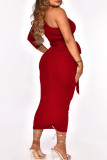 Red Fashion Casual Solid mit Gürtel asymmetrische schräge Kragen Langarm-Kleider