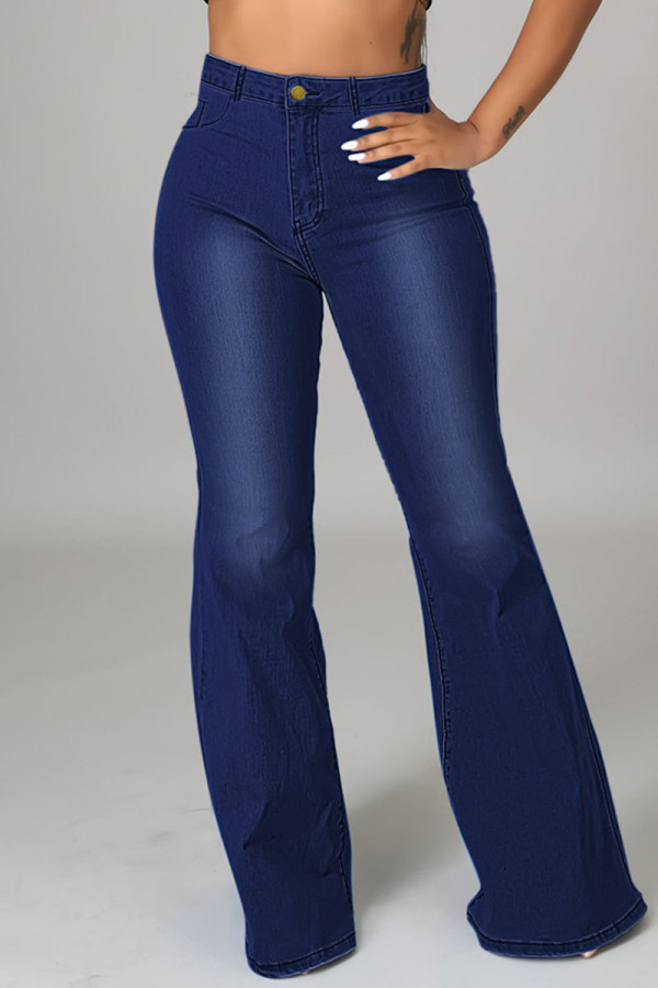 Donkerblauwe sexy straat effen gescheurde denim jeans met hoge taille en patchwork