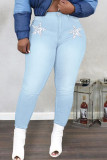Mellanblå Casual Street Print Patchwork jeans med hög midja