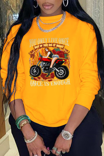 Yellow Work Street Print Patchwork O Neck Tops