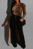 Robes noires sexy à col oblique asymétrique imprimé léopard patchwork pliable