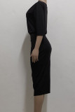 ブラック カジュアル ソリッド パッチワーク オフショルダー ワンステップ スカート ドレス