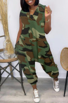 Army Green Fashion Casual Camouflage Print Basic V Neck Sleeveless Regular Jumpsuits