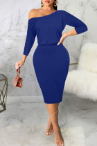 Blue Casual Solid Patchwork Off the Shoulder One Step Skirt Dresses