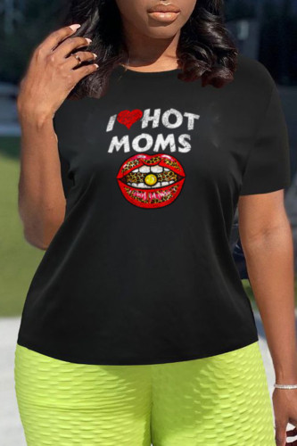 Black Daily Vintage Lips Printed Patchwork O Neck T-Shirts