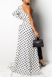 White Sexy Print Leopard Patchwork Fold Asymmetrical Oblique Collar Dresses