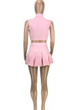 Pink Sexy Solid Hollowed Out Patchwork Fold O Neck Sleeveless Two Pieces