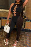 Black Sexy Solid Hollowed Out Mesh O Neck Skinny Jumpsuits
