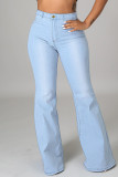 Pantalones vaqueros de mezclilla de cintura alta con retazos rasgados sólidos de calle sexy azul bebé