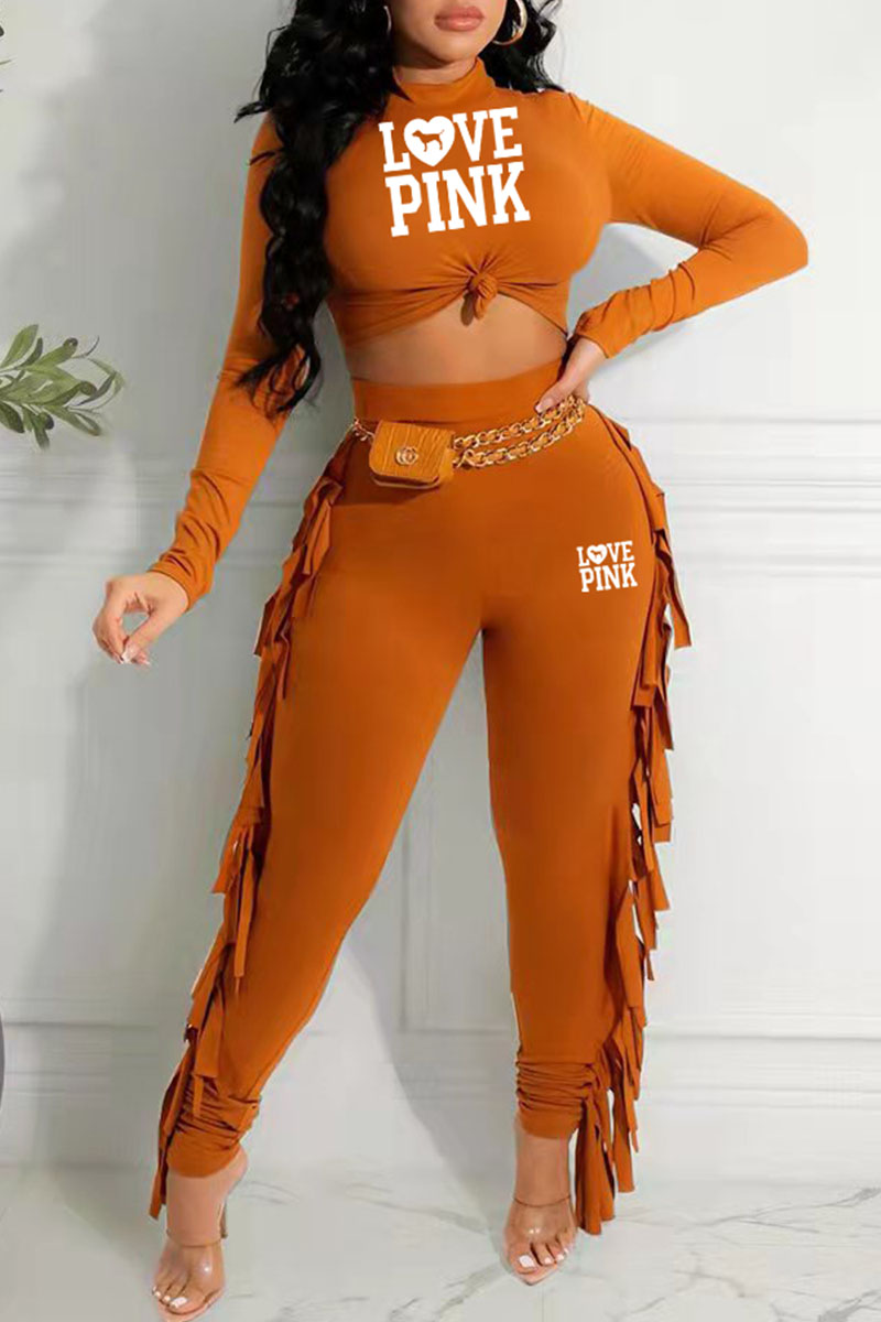 

Orange Fashion Street Letter Tassel O Neck Long Sleeve Two Pieces